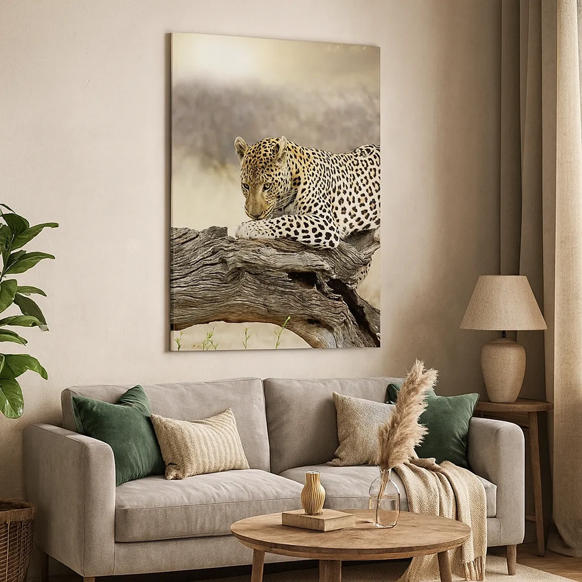 Bild auf Leinwand - Leinwandbild - Ein Leopard ruht auf einem Baumstamm in der Savanne - 50x70cm - Ich gehe meine eigenen Wege - Moderne Wanddekoration für Wohnzimmer und Schlafzimmer ARTTOR