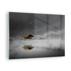 Glasbild - Bild auf glas - Ein Haus auf dem Wasser im Nebel mit fliegenden Vögeln - 70x50cm - Schutz vor Regen - Moderne Wanddekoration für Wohnzimmer und Schlafzimmer ARTTOR