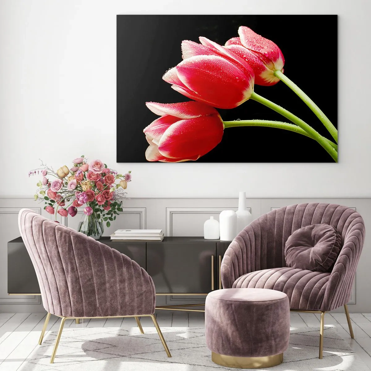 Glasbild - Bild auf glas - Rote Tulpen mit Tautropfen auf schwarzem Hintergrund - 100x70cm - Ein Versprechen der reinen Liebe - Moderne Wanddekoration für Wohnzimmer und Schlafzimmer ARTTOR