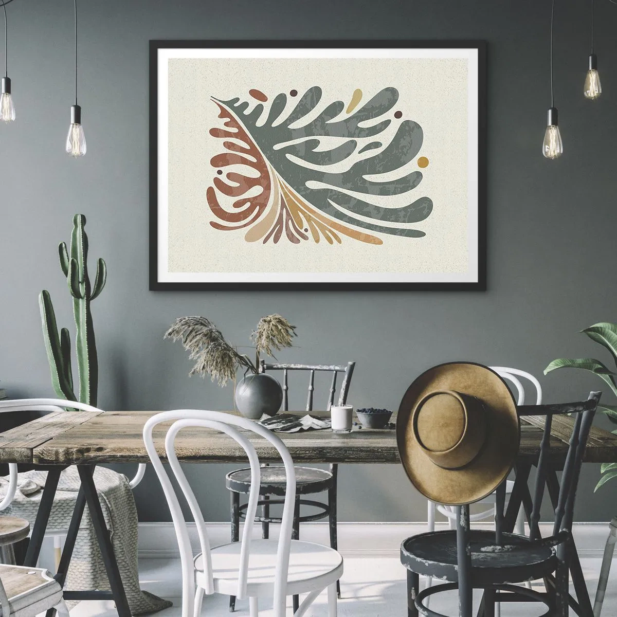 Poster in einem schwarzem Rahmen - Buntes abstraktes Blatt auf hellem Hintergrund - 70x50cm - Mehrfarbiges Blatt - Moderne Wanddekoration für Wohnzimmer und Schlafzimmer ARTTOR