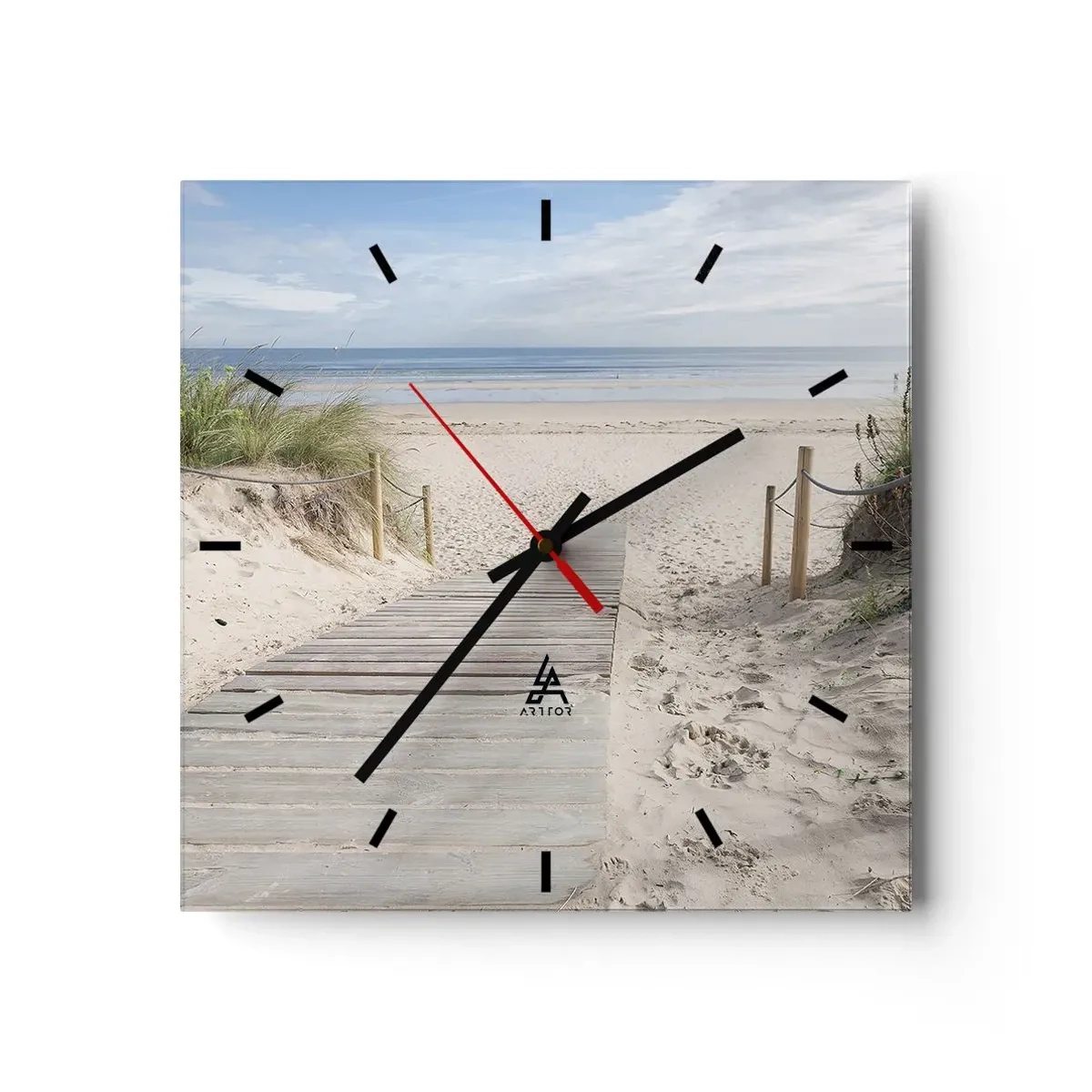 Wanduhr - Glasuhr - Ein Plankenweg, der zu einem Sandstrand führt - 30x30cm - Bis zum Horizont - Moderne Wanddekoration für Wohnzimmer und Schlafzimmer ARTTOR