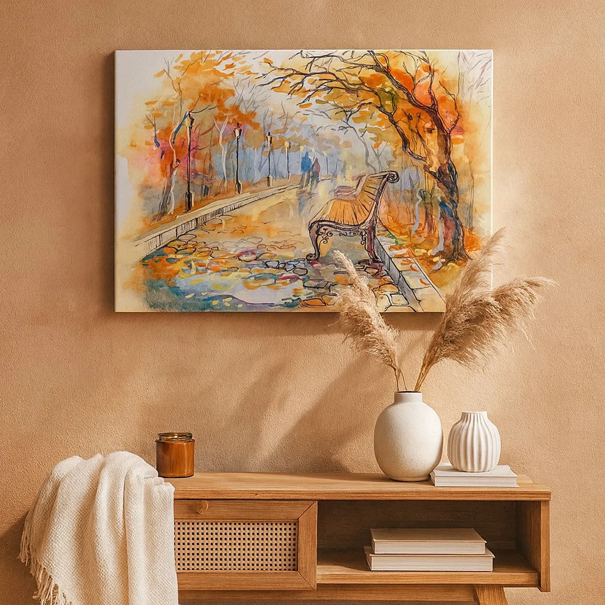 Bild auf Leinwand - Leinwandbild - Ein herbstlicher Park mit einer Bank in Aquarell - 70x50cm - Gemeinsam im Herbst wandern - Moderne Wanddekoration für Wohnzimmer und Schlafzimmer ARTTOR