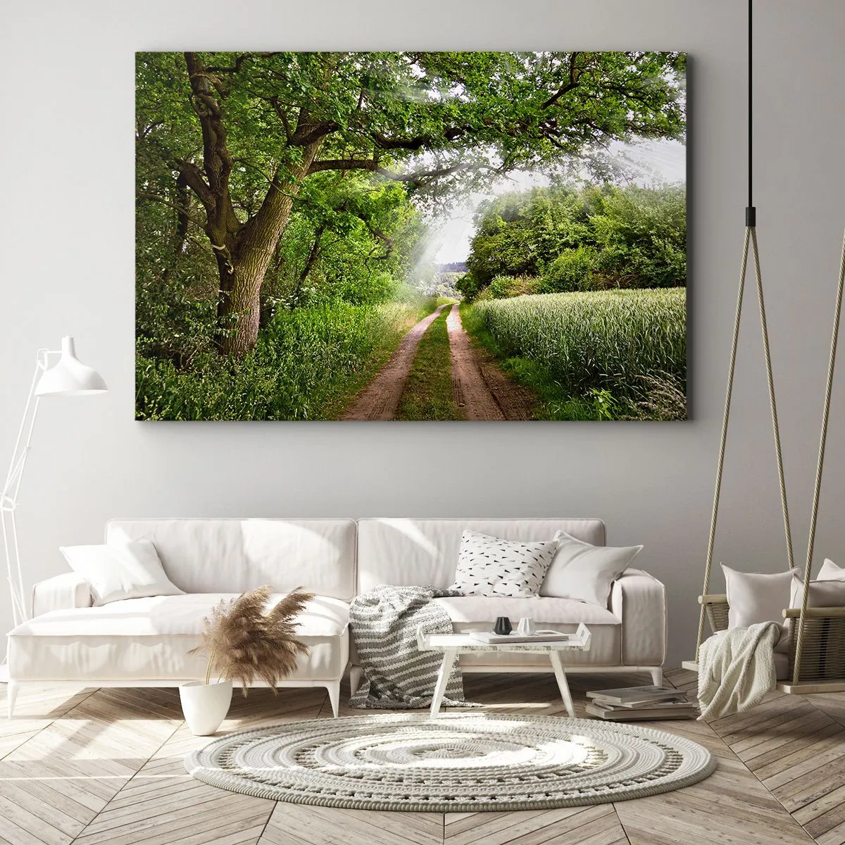 Bild auf Leinwand - Leinwandbild - Eine unbefestigte Straße zwischen grünen Bäumen und Sonnenlicht - 70x50cm - Et in Arcadia ego - Moderne Wanddekoration für Wohnzimmer und Schlafzimmer ARTTOR