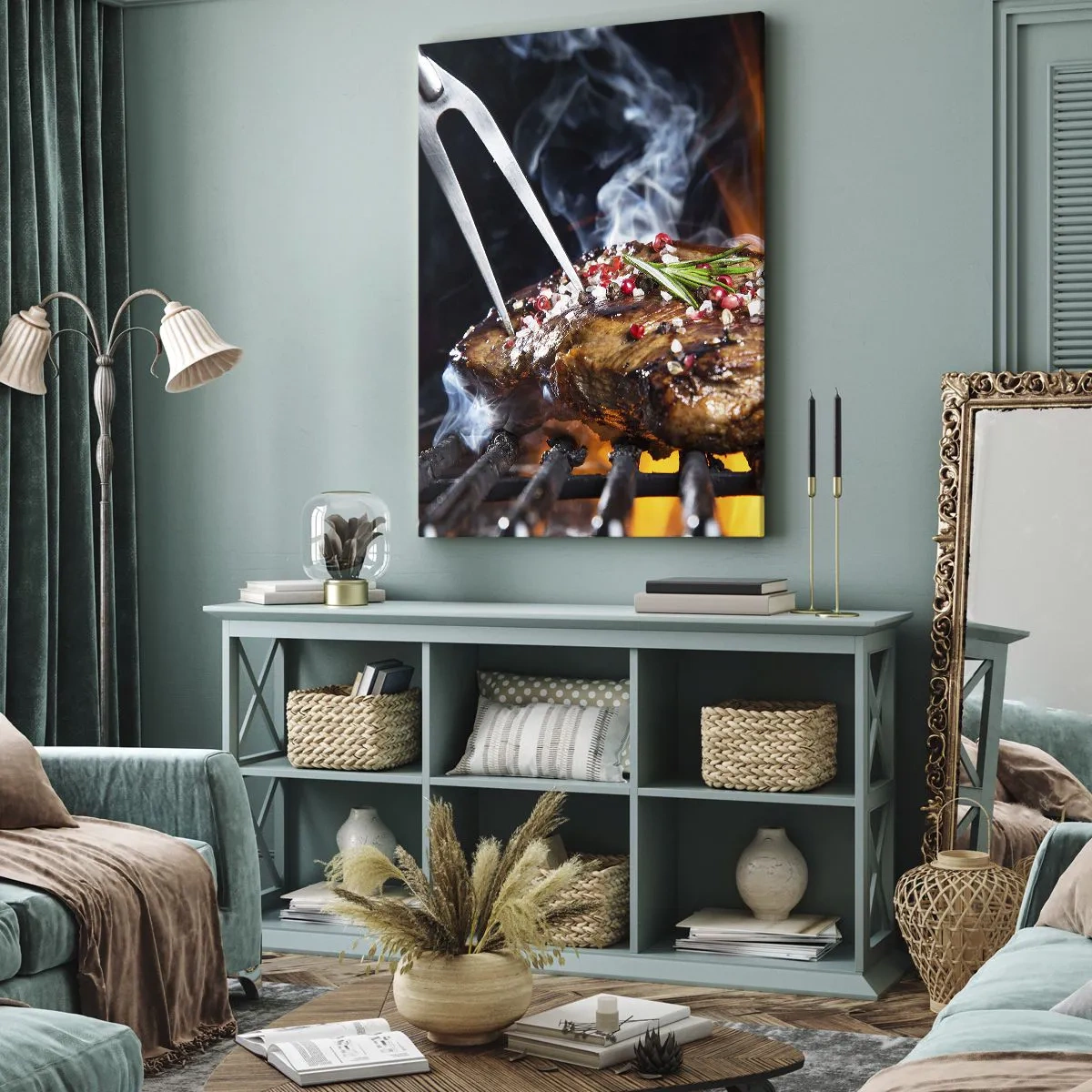 Bild auf Leinwand - Leinwandbild - Gegrilltes Steak auf einem Grill mit Gewürzen - 70x100cm - Saftig und duftend - Moderne Wanddekoration für Wohnzimmer und Schlafzimmer ARTTOR