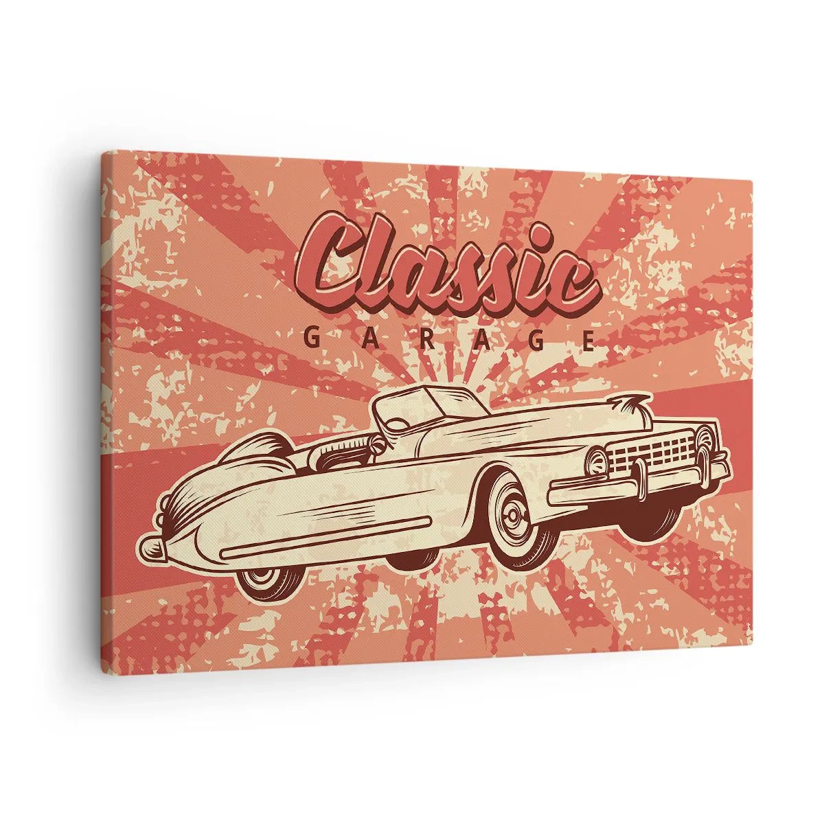 Bild auf Leinwand - Leinwandbild - Retro-Poster mit einem Oldtimer und der Aufschrift „Classic Garage“ - 70x50cm - Und im Radio, Elvis - Moderne Wanddekoration für Wohnzimmer und Schlafzimmer ARTTOR
