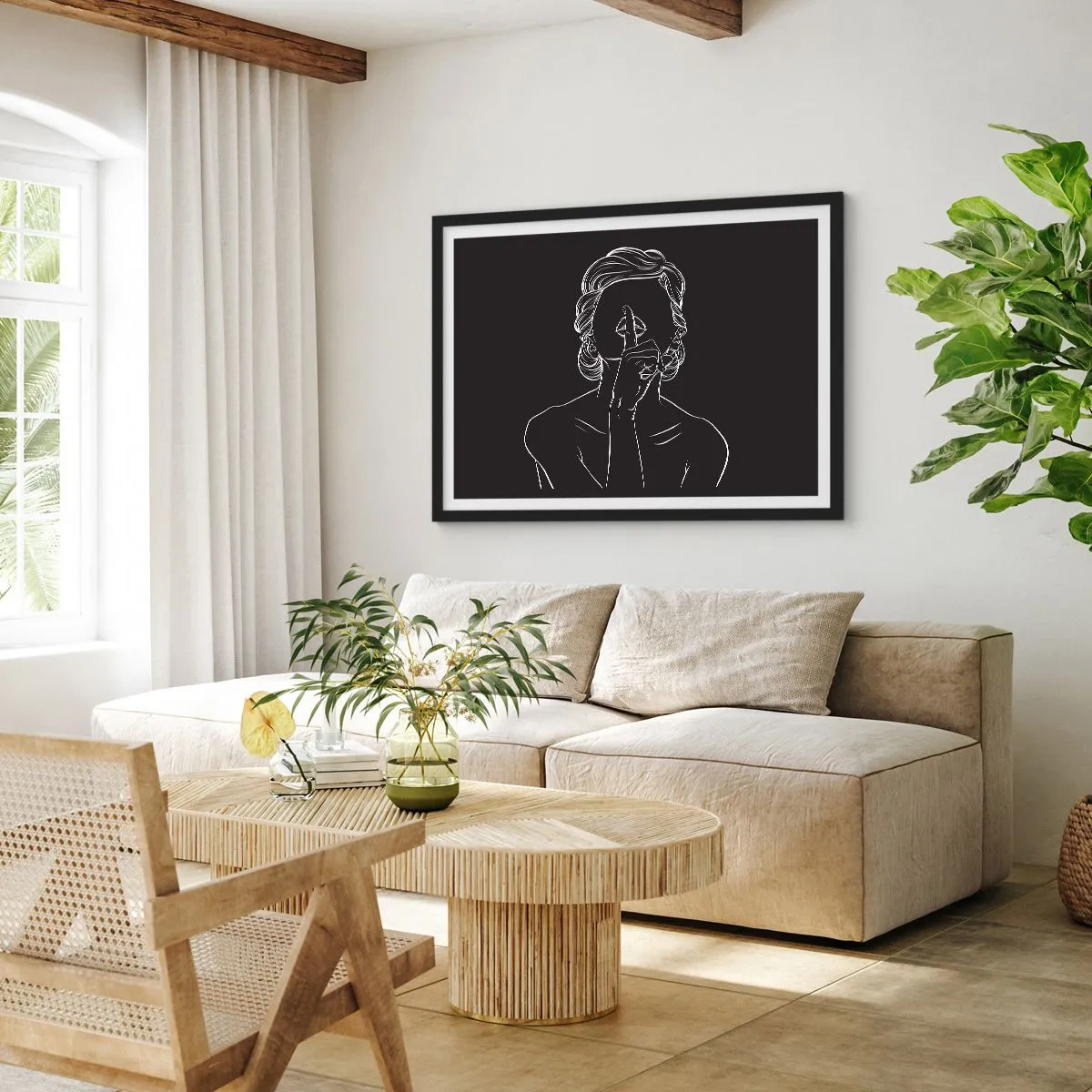 Poster in einem schwarzem Rahmen - Minimalistische Silhouette einer Frau auf schwarzem Hintergrund - 70x50cm - Schönheit erblüht in der Stille - Moderne Wanddekoration für Wohnzimmer und Schlafzimmer ARTTOR