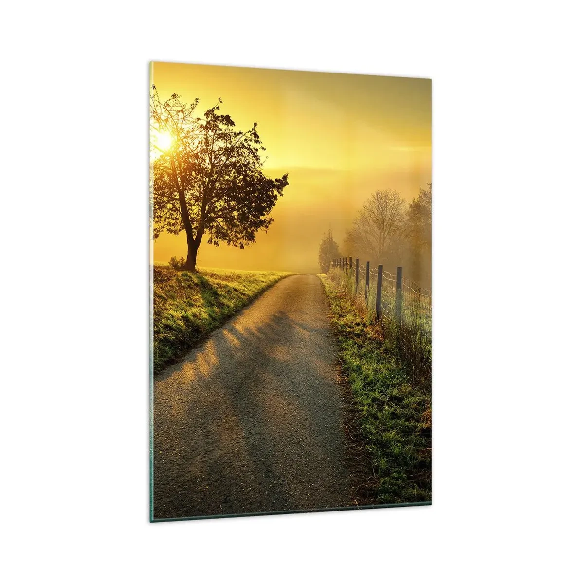 Glasbild - Bild auf glas - Eine malerische Straße bei Sonnenuntergang mit einem einsamen Baum im Hintergrund - 80x120cm - Honig-Nachmittag - Moderne Wanddekoration für Wohnzimmer und Schlafzimmer ARTTOR