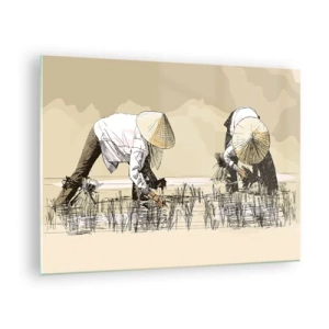 Glasbild - Bild auf glas - Eine minimalistische Illustration von Bauern bei der Arbeit - 70x50cm - Erfolgreiche Ernte - Moderne Wanddekoration für Wohnzimmer und Schlafzimmer ARTTOR