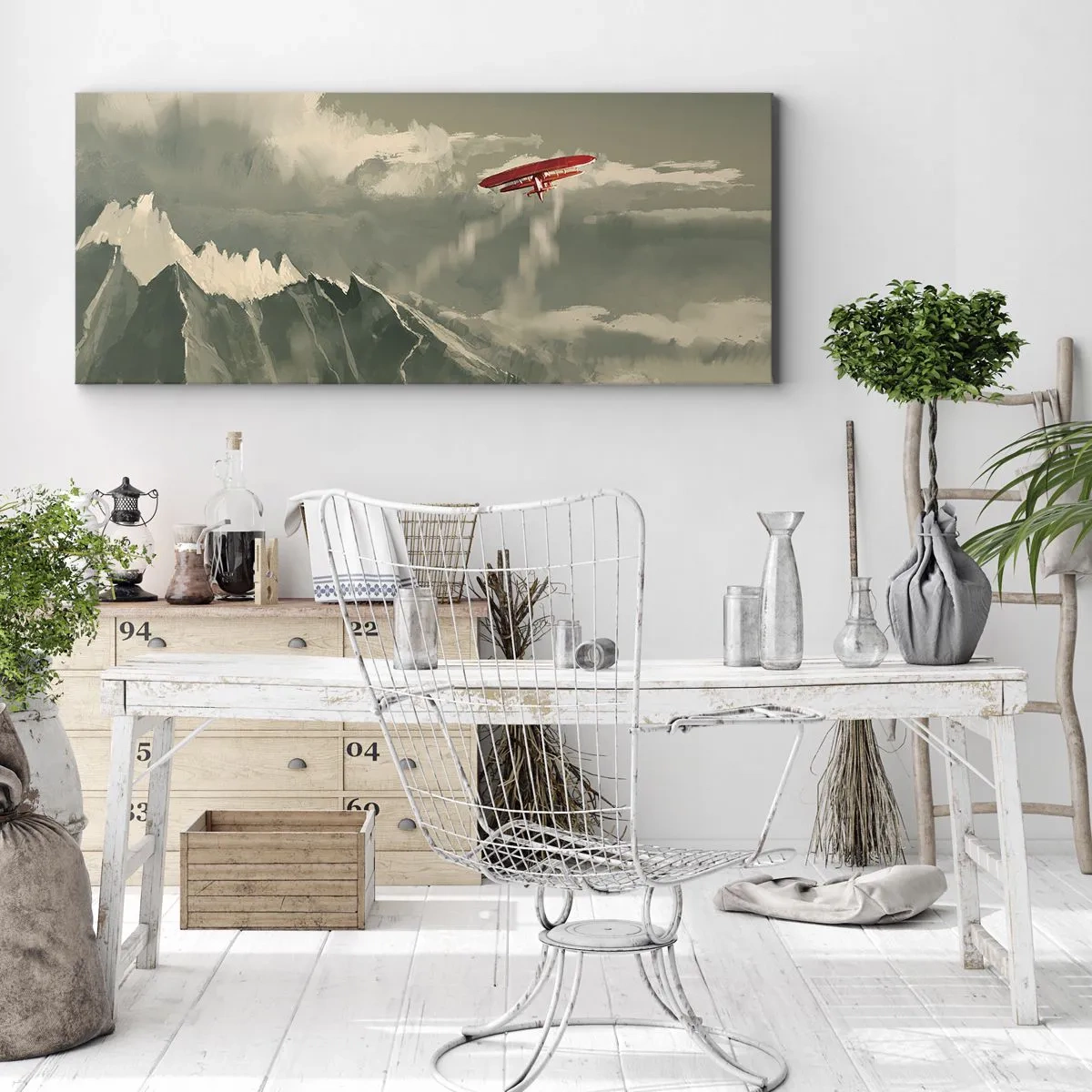 Bild auf Leinwand - Leinwandbild - Rotes Flugzeug über schneebedeckten Bergen - 120x50cm - Furchtloser Pionier - Moderne Wanddekoration für Wohnzimmer und Schlafzimmer ARTTOR