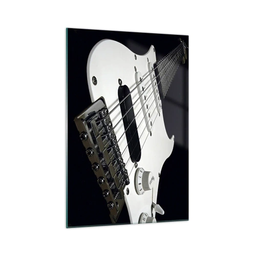Glasbild - Bild auf glas - Nahaufnahme einer weißen E-Gitarre auf schwarzem Hintergrund. - 70x100cm - In Weiß versteckter Ton - Moderne Wanddekoration für Wohnzimmer und Schlafzimmer ARTTOR