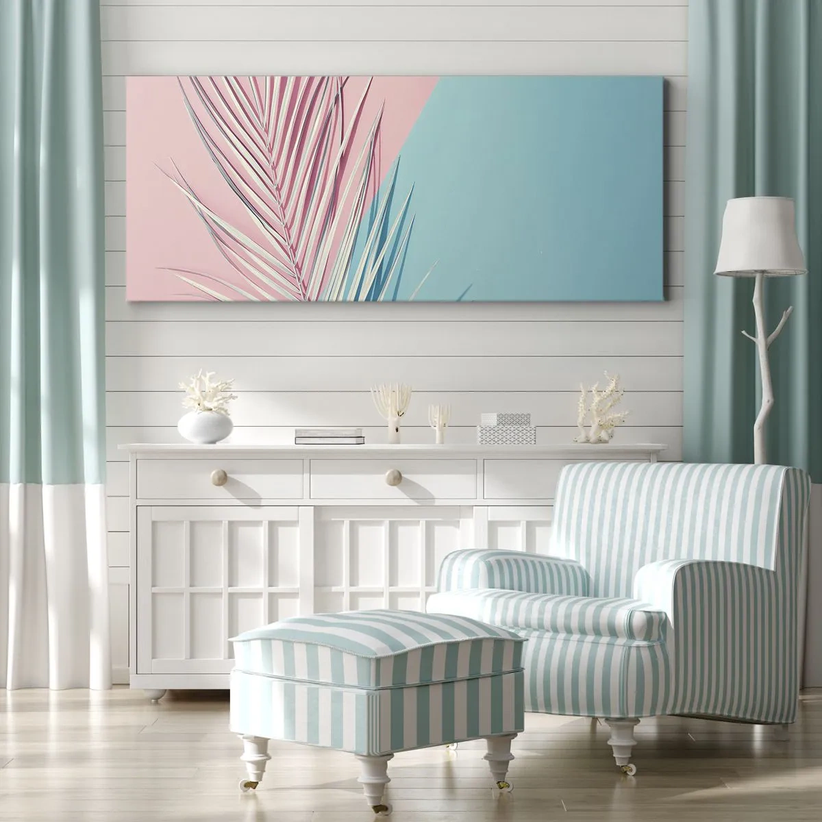 Bild auf Leinwand - Leinwandbild - Tropisches Blatt vor einem Hintergrund in Pastelltönen von Rosa und Blau - 140x50cm - Tropischer Eindruck - Moderne Wanddekoration für Wohnzimmer und Schlafzimmer ARTTOR