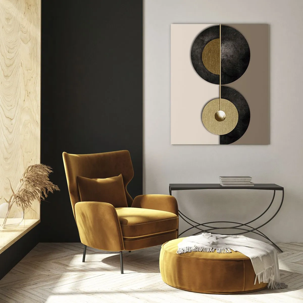 Glasbild - Bild auf glas - Abstrakte Kreise in Gold- und Brauntönen - 80x120cm - Variationen rund um den Kreis - Moderne Wanddekoration für Wohnzimmer und Schlafzimmer ARTTOR