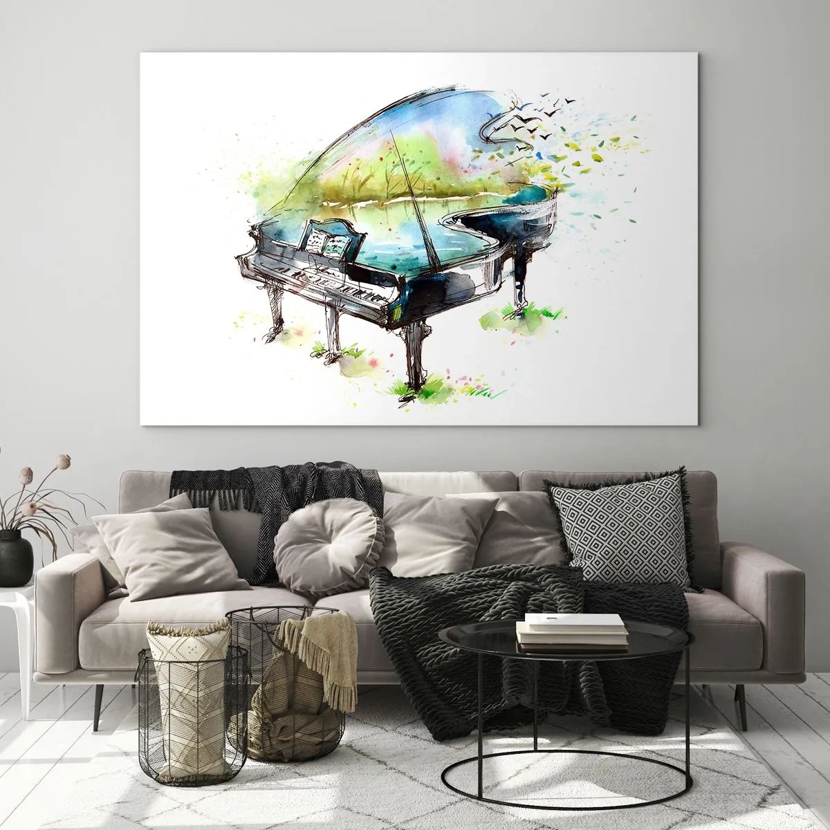 Glasbild - Bild auf glas - Aquarell eines Klaviers inmitten der Natur - 70x50cm - Von Musik verzaubert - Moderne Wanddekoration für Wohnzimmer und Schlafzimmer ARTTOR