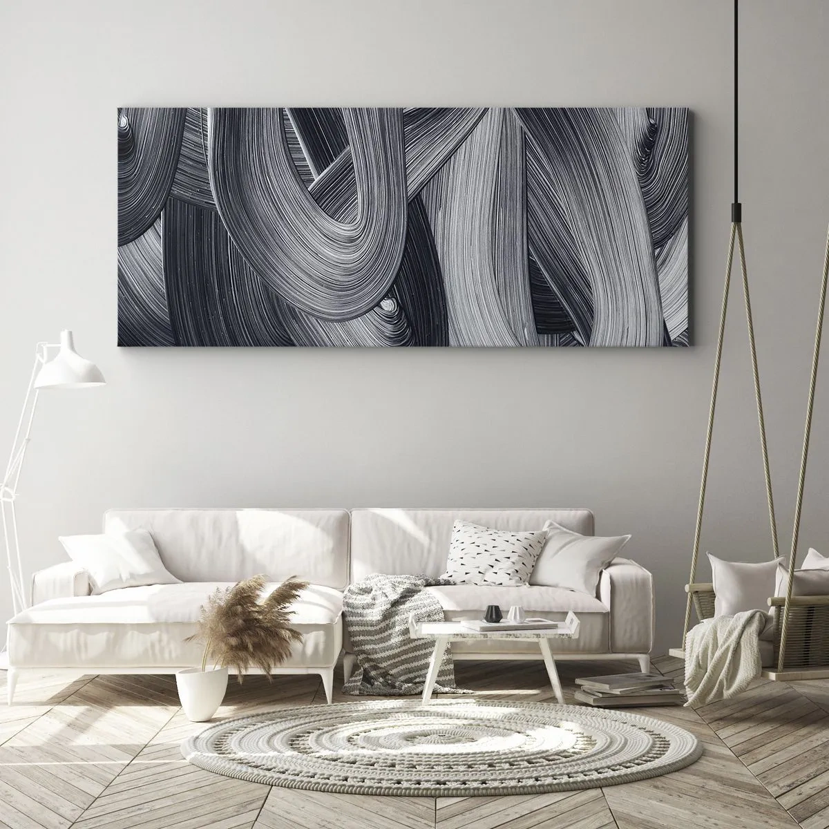 Bild auf Leinwand - Leinwandbild - Schwarz-Weiß-Abstraktion mit dynamischen Pinselstrichen. - 140x50cm - Die Fließfähigkeit der Realität - Moderne Wanddekoration für Wohnzimmer und Schlafzimmer ARTTOR