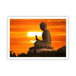 Poster - Eine buddhistische Statue vor dem Hintergrund eines orangefarbenen Sonnenuntergangs - 100x70cm - Keine Angst vor der Welt - Moderne Wanddekoration für Wohnzimmer und Schlafzimmer ARTTOR