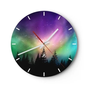 Wanduhr - Glasuhr - Aurora Borealis über dem Nadelwald - 30x30cm - weiße Magie - Moderne Wanddekoration für Wohnzimmer, Küche und Schlafzimmer ARTTOR