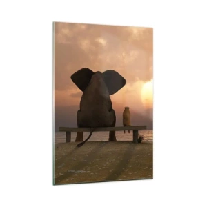 Glasbild - Bild auf glas - Ein Elefant und ein Hund sitzen während des Sonnenuntergangs auf einer Bank am Strand. - 80x120cm - Es tut gut zusammen zu schweigen - Moderne Wanddekoration für Wohnzimmer und Schlafzimmer ARTTOR