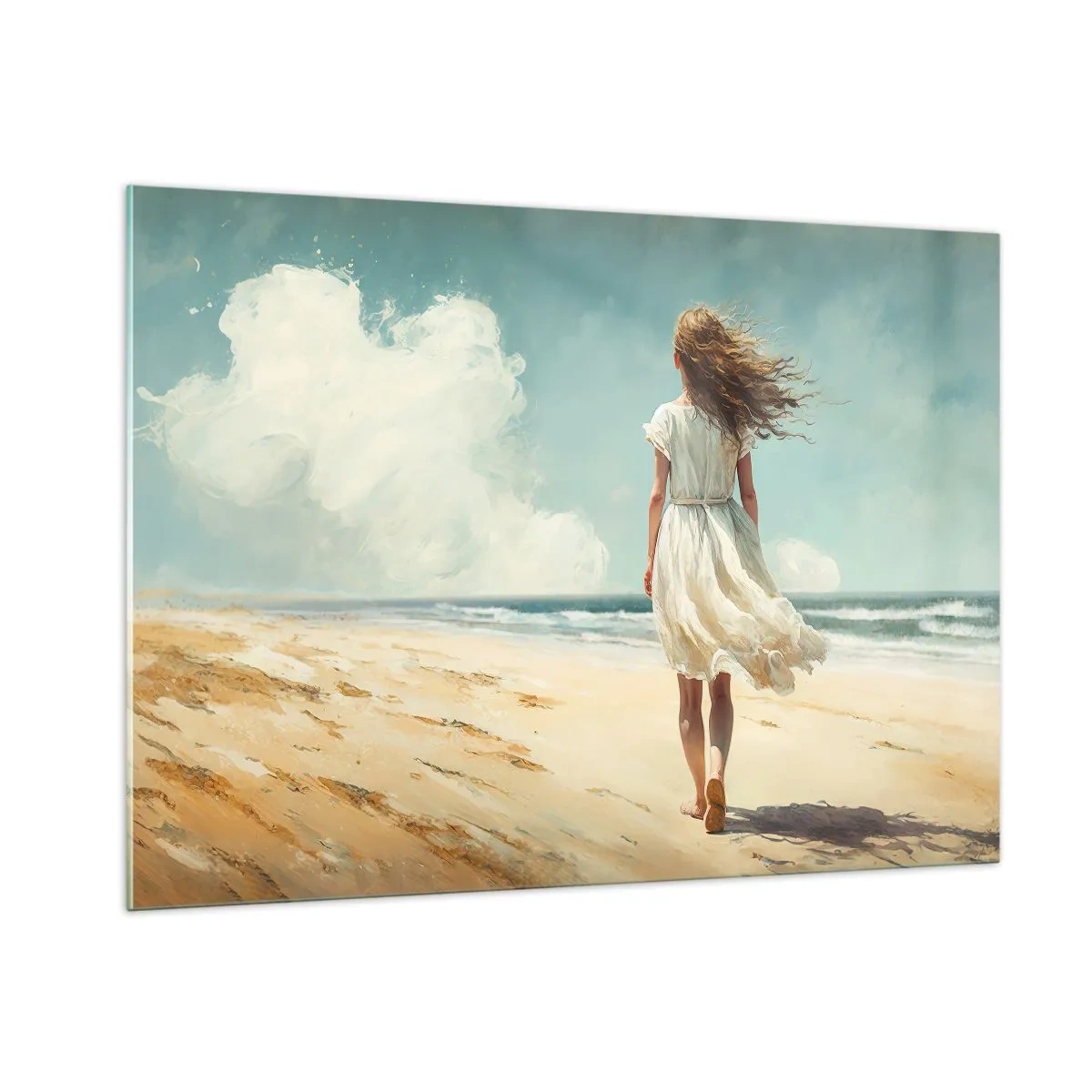 Glasbild - Bild auf glas - Eine Frau in einem weißen Kleid läuft barfuß an einem sonnigen Strand - 100x70cm - Der Sonne und dem Wind begegnen - Moderne Wanddekoration für Wohnzimmer und Schlafzimmer ARTTOR