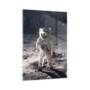 Glasbild - Bild auf glas - Astronaut auf der Mondoberfläche mit der Erde im Hintergrund - 50x70cm - Grüße vom Mond - Moderne Wanddekoration für Wohnzimmer und Schlafzimmer ARTTOR