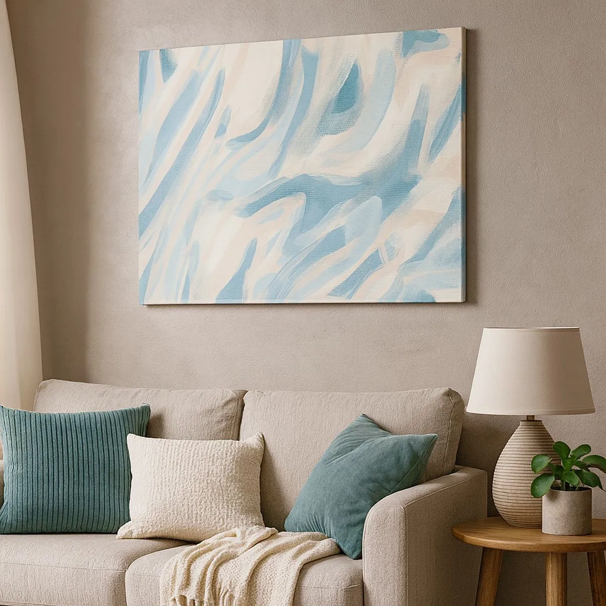 Bild auf Leinwand - Leinwandbild - Abstrakte blaue Streifen auf hellem Hintergrund - 70x50cm - Frühlingsbrisen - Moderne Wanddekoration für Wohnzimmer und Schlafzimmer ARTTOR