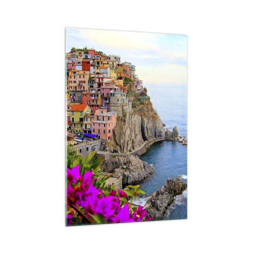 Glasbild - Bild auf glas - Bunte Häuser auf einer Klippe mit Blick auf das Meer in einer malerischen Landschaft - 70x100cm - Lachende Stadt - Moderne Wanddekoration für Wohnzimmer und Schlafzimmer ARTTOR