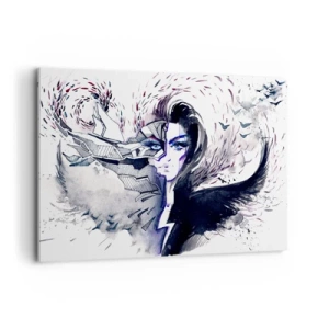 Bild auf Leinwand - Leinwandbild - Abstraktes Gesicht mit kontrastierenden Elementen und einem Flügelmotiv - 120x80cm - Dämonisch und schön - Moderne Wanddekoration für Wohnzimmer und Schlafzimmer ARTTOR