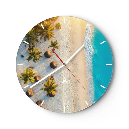 Wanduhr - Glasuhr - Draufsicht auf den Strand mit Palmen und türkisfarbenem Meer - 30x30cm - Willkommen im Paradies - Moderne Wanddekoration für Wohnzimmer, Küche und Schlafzimmer ARTTOR