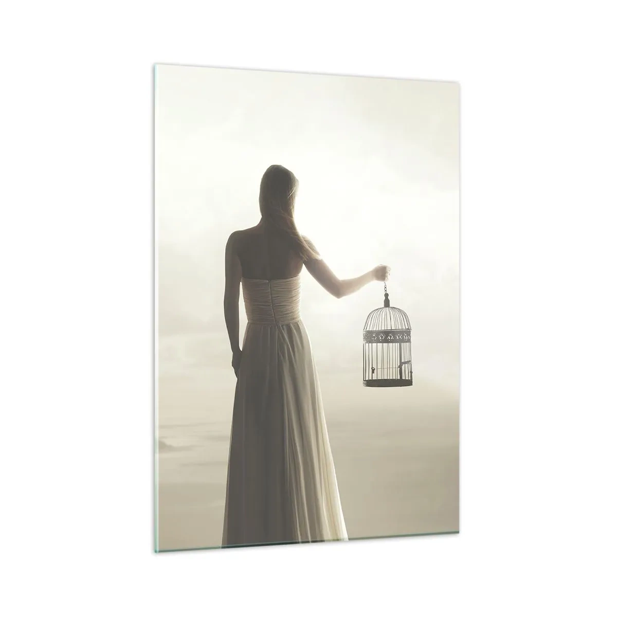 Glasbild - Bild auf glas - Eine Frau mit einem Käfig beobachtet Vögel, die in den Himmel davonfliegen - 50x70cm - Sei frei - Moderne Wanddekoration für Wohnzimmer und Schlafzimmer ARTTOR