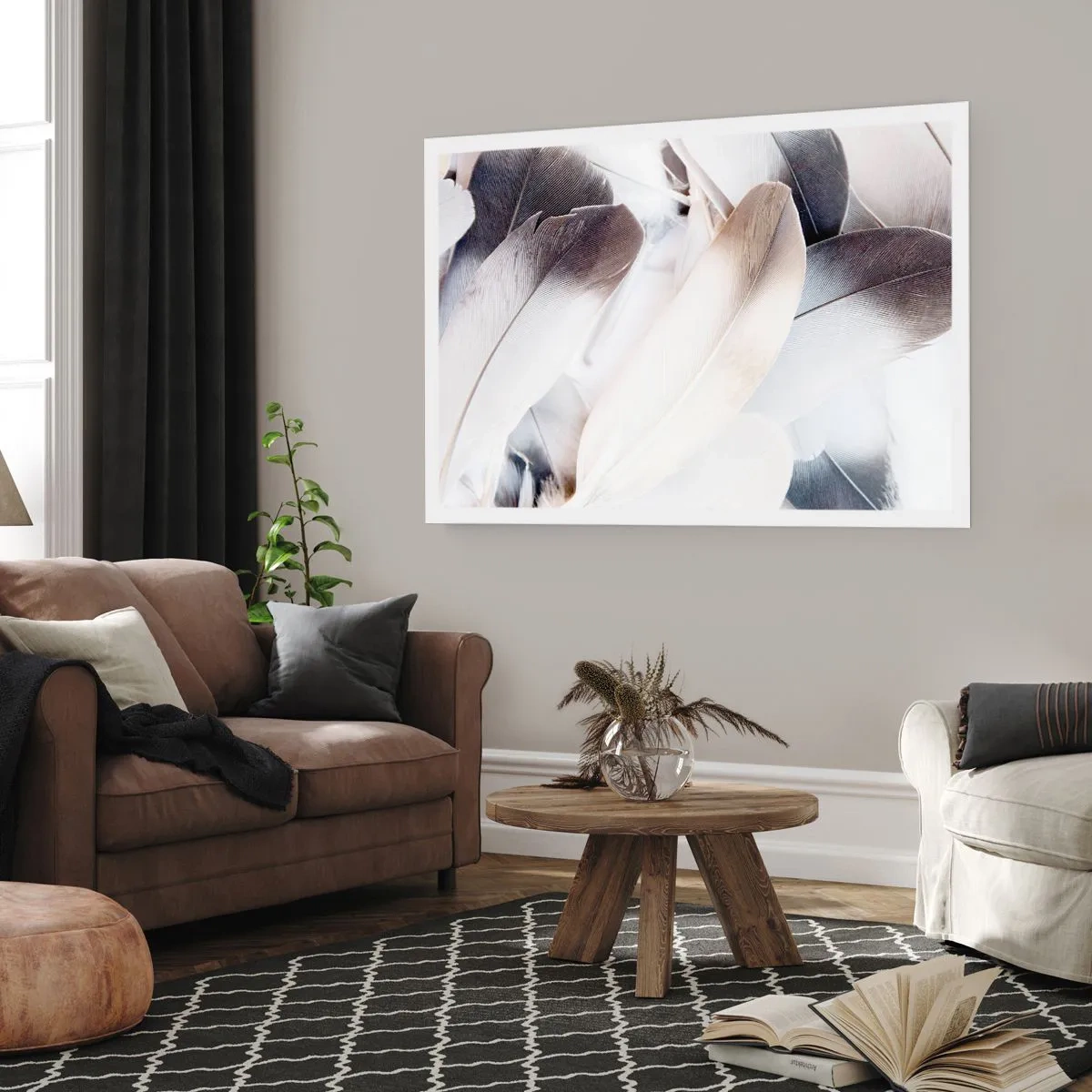 Poster - Nahaufnahme zarter Federn in Weiß- und Grautönen - 100x70cm - Fast engelhaft - Moderne Wanddekoration für Wohnzimmer und Schlafzimmer ARTTOR