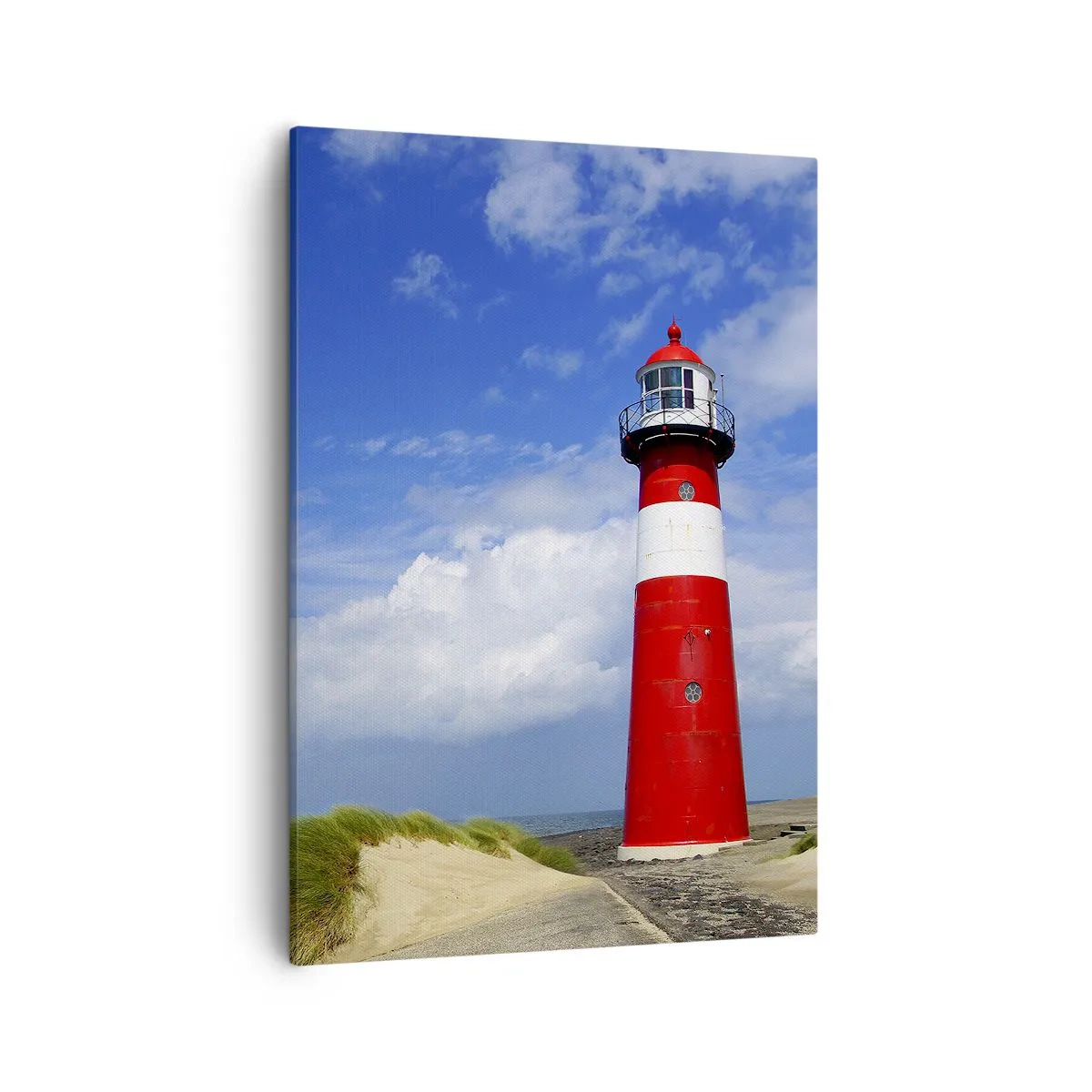 Bild auf Leinwand - Leinwandbild - Roter Leuchtturm am Strand unter blauem Himmel - 50x70cm - Traum Einsamkeit - Moderne Wanddekoration für Wohnzimmer und Schlafzimmer ARTTOR