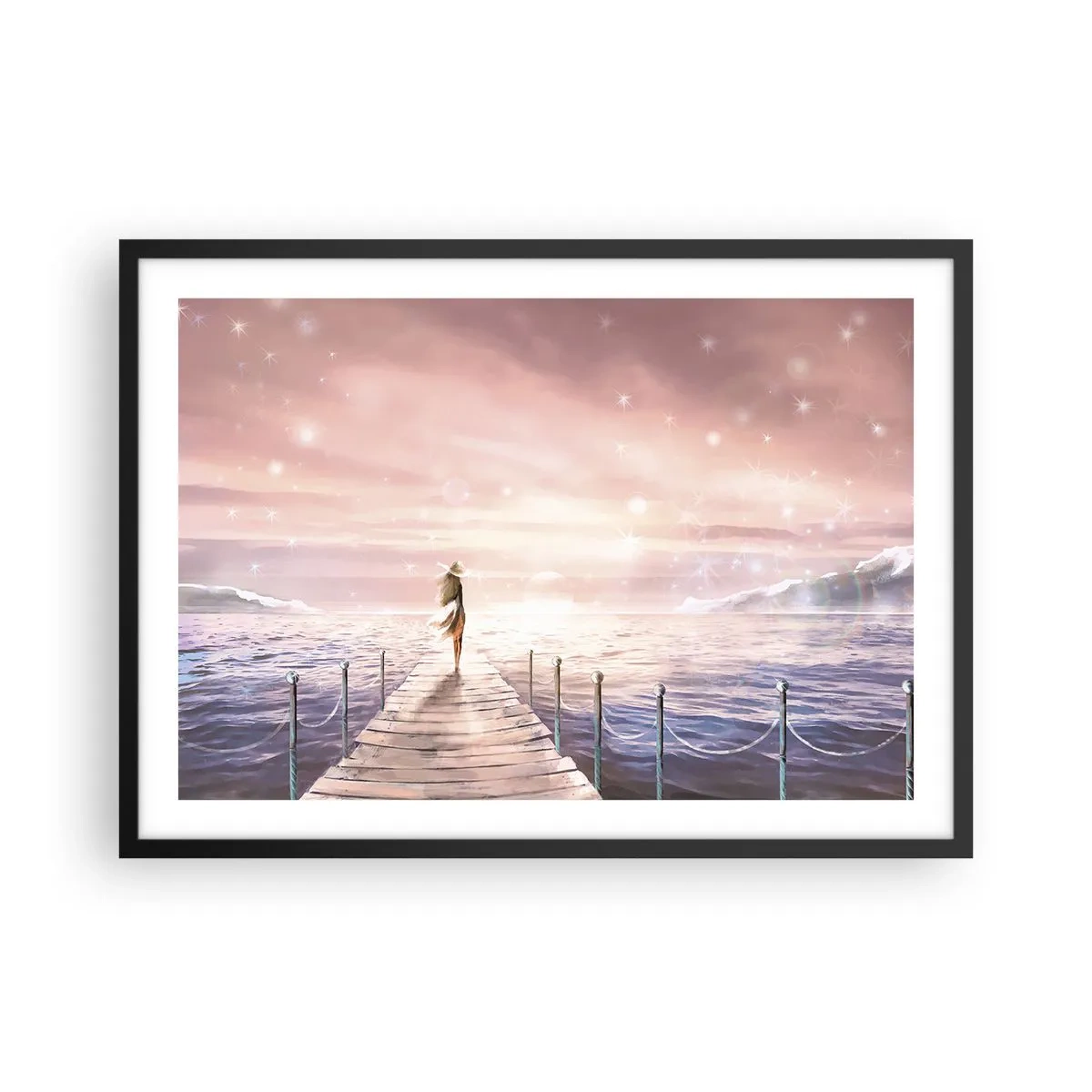 Poster in einem schwarzem Rahmen - Eine Frau auf einem Steg in einer magischen Sonnenuntergangskulisse - 70x50cm - Im Licht eines Traums - Moderne Wanddekoration für Wohnzimmer und Schlafzimmer ARTTOR