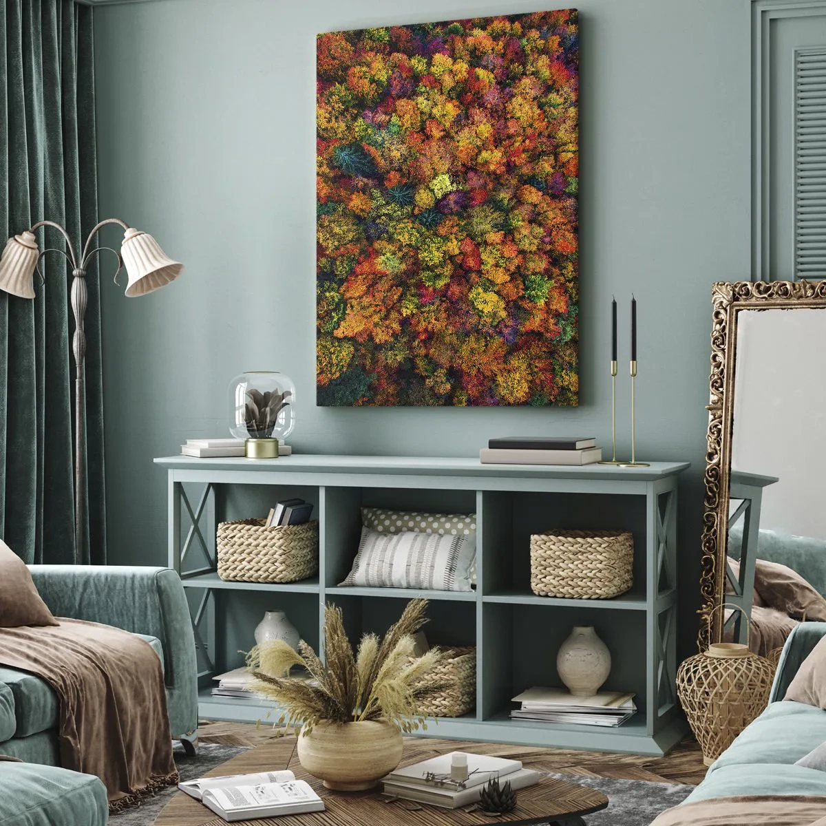Bild auf Leinwand - Leinwandbild - Bunte Baumkronen in der Herbstpalette - 70x100cm - Blumenstrauß aus Herbstbäumen - Moderne Wanddekoration für Wohnzimmer und Schlafzimmer ARTTOR