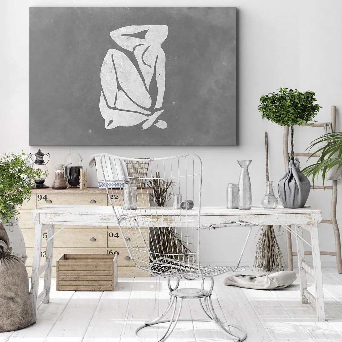 Bild auf Leinwand - Leinwandbild - Eine minimalistische Silhouettenzeichnung auf grauem Hintergrund - 100x70cm - In Gedanken versunken - Moderne Wanddekoration für Wohnzimmer und Schlafzimmer ARTTOR