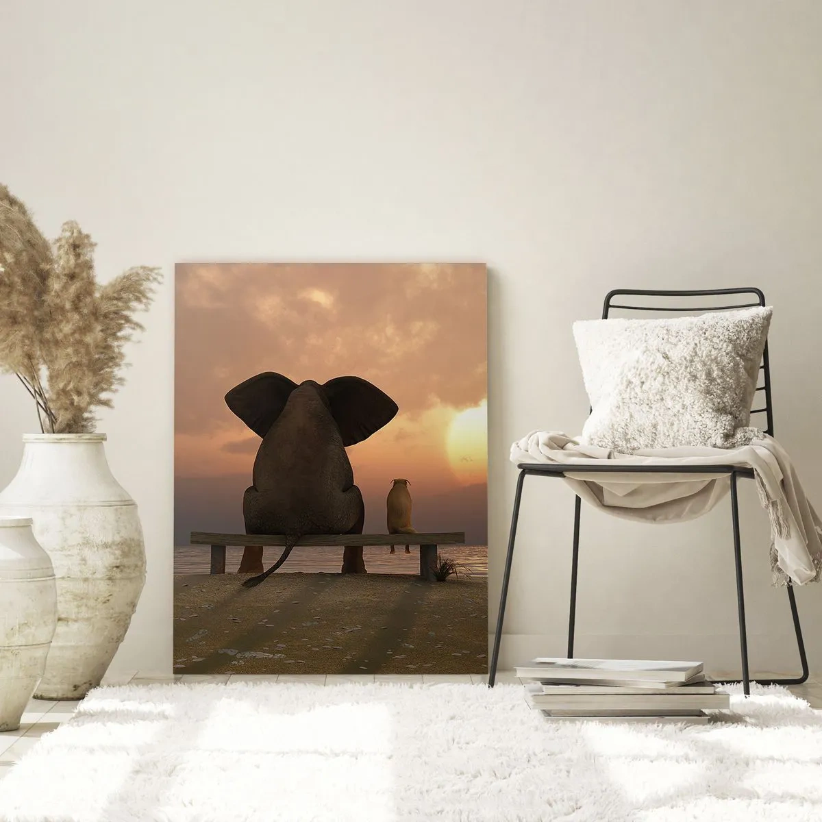 Glasbild - Bild auf glas - Ein Elefant und ein Hund sitzen während des Sonnenuntergangs auf einer Bank am Strand. - 80x120cm - Es tut gut zusammen zu schweigen - Moderne Wanddekoration für Wohnzimmer und Schlafzimmer ARTTOR