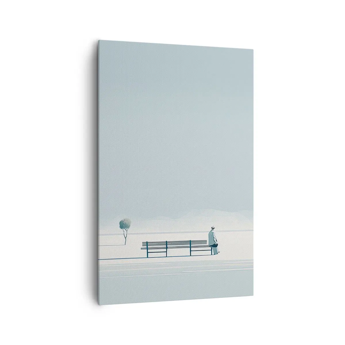 Bild auf Leinwand - Leinwandbild - Eine Person, die auf einer Bank in einer minimalistischen Landschaft sitzt - 80x120cm - Ja, ich warte. - Moderne Wanddekoration für Wohnzimmer und Schlafzimmer ARTTOR