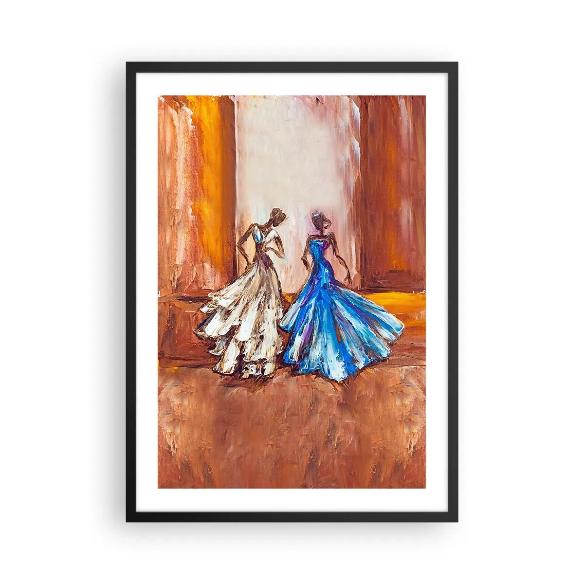 Poster in einem schwarzem Rahmen - Zwei Frauen in Kleidern vor dem Hintergrund eines goldenen Interieurs - 50x70cm - Ein dankbares Duo - Moderne Wanddekoration für Wohnzimmer und Schlafzimmer ARTTOR