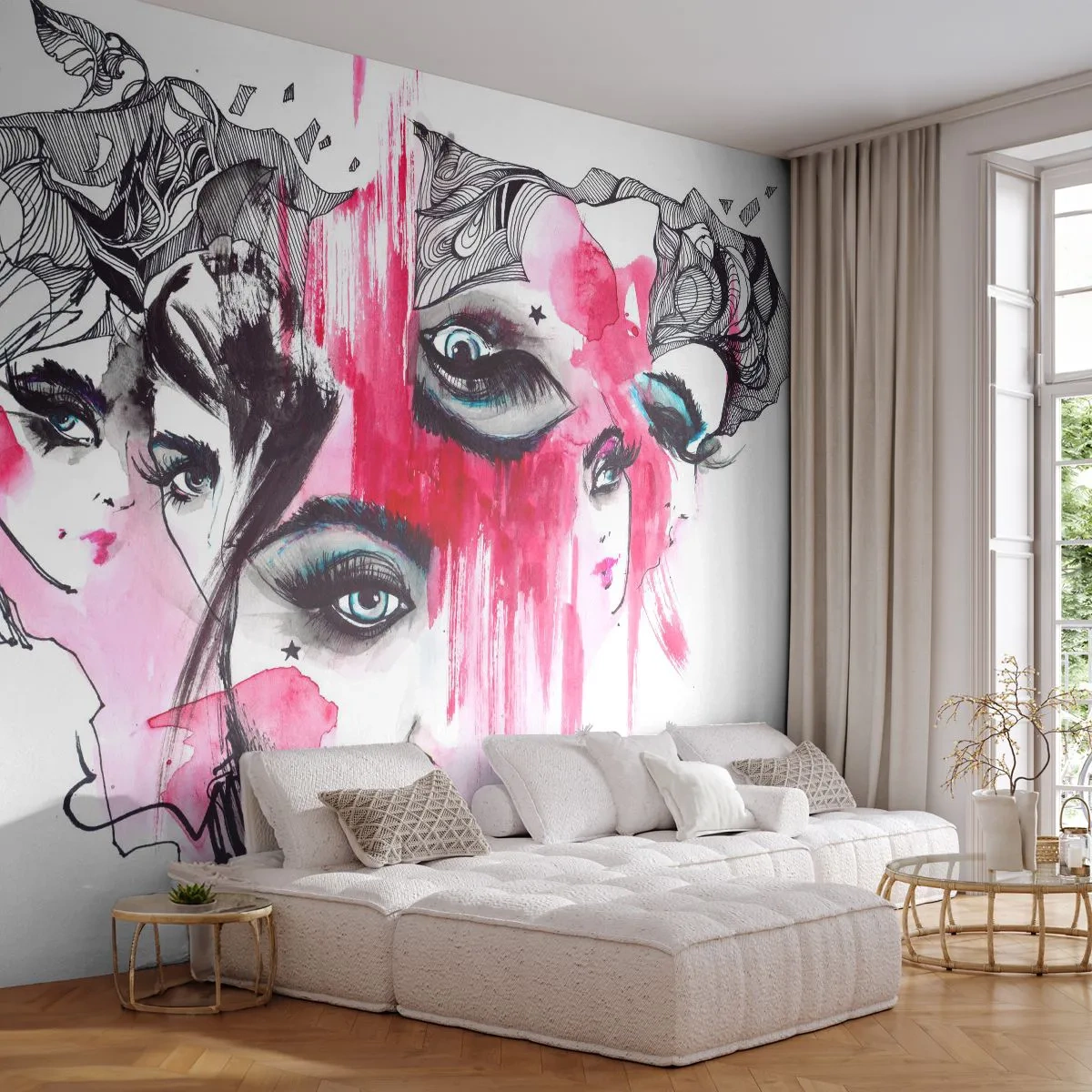 Fototapete Standard Eco - Das Gesicht einer Frau in einer ausdrucksstarken Aquarell- und Skizzenkomposition - 100x70cm - Abstrakte Augen - Moderne Wanddekoration für Wohnzimmer und Schlafzimmer ARTTOR
