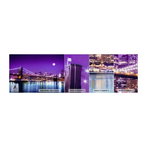Fototapeten Muster Premium Canvas - Die Lichter der Großstadt in Lila - Stadt, New York, Brooklyn Brücke - 100x30 cm