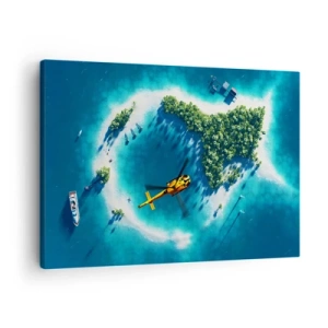 Bild auf Leinwand - Leinwandbild - Eine tropische Insel, umgeben von türkisfarbenem Wasser, mit einem Hubschrauber in Sicht - 70x50cm - Kauf dir eine Insel - Moderne Wanddekoration für Wohnzimmer und Schlafzimmer ARTTOR