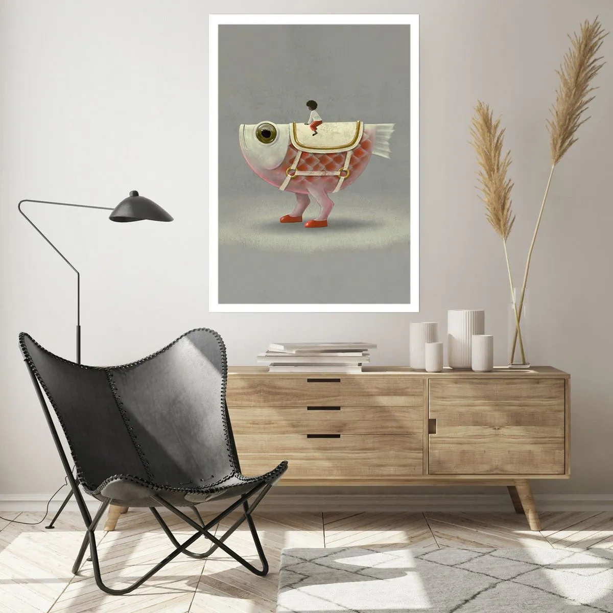 Poster - Ein Fantasiefisch mit Sattel und Figur auf grauem Hintergrund - 50x70cm - Reiter auf einem surrealen Fisch - Moderne Wanddekoration für Wohnzimmer und Schlafzimmer ARTTOR