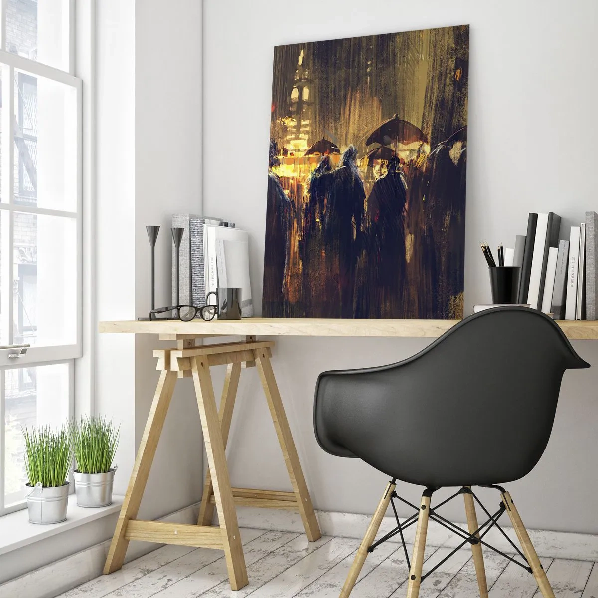 Glasbild - Bild auf glas - Eine Menschenmenge mit Regenschirmen im Regen vor der Kulisse der Lichter der Stadt - 50x70cm - Anhänger des Regens - Moderne Wanddekoration für Wohnzimmer und Schlafzimmer ARTTOR