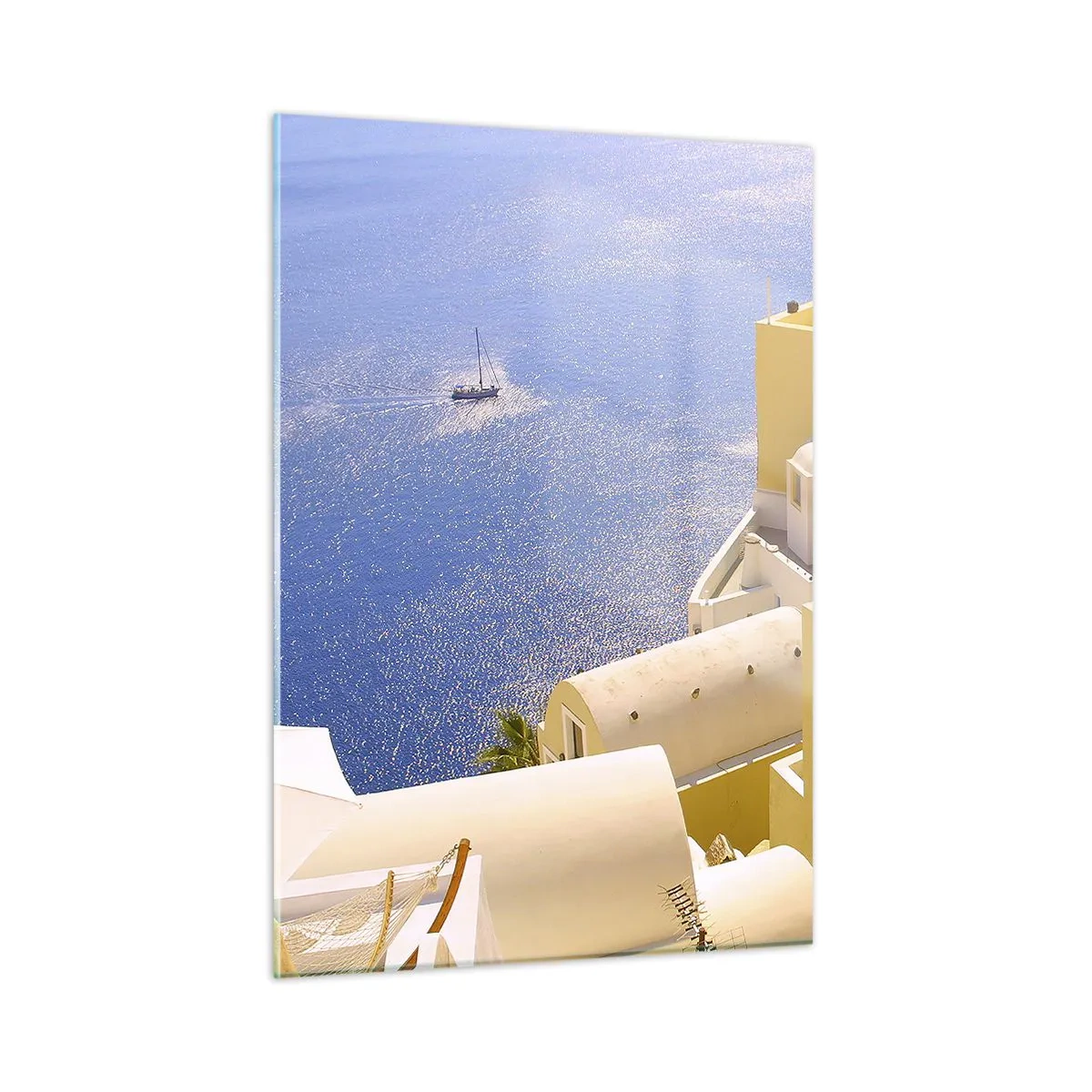 Glasbild - Bild auf glas - Blick auf Santorin mit blauem Meer und weißen Gebäuden - 50x70cm - Griechische Landschaft in Weiß und Blau - Moderne Wanddekoration für Wohnzimmer und Schlafzimmer ARTTOR