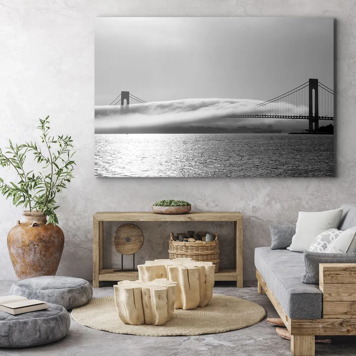 Bild auf Leinwand - Leinwandbild - Eine Brücke über Wasser, eingehüllt in Nebel in einer Schwarz-Weiß-Aufnahme - 70x50cm - Segeln durch das Goldene Tor - Moderne Wanddekoration für Wohnzimmer und Schlafzimmer ARTTOR