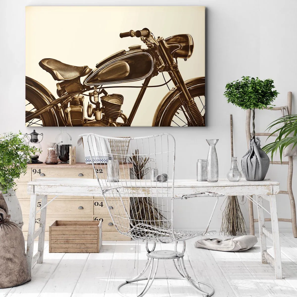 Bild auf Leinwand - Leinwandbild - Ein Vintage-Retro-Motorrad auf hellem Hintergrund - 70x50cm - Sehnsucht nach den Klassikern - Moderne Wanddekoration für Wohnzimmer und Schlafzimmer ARTTOR