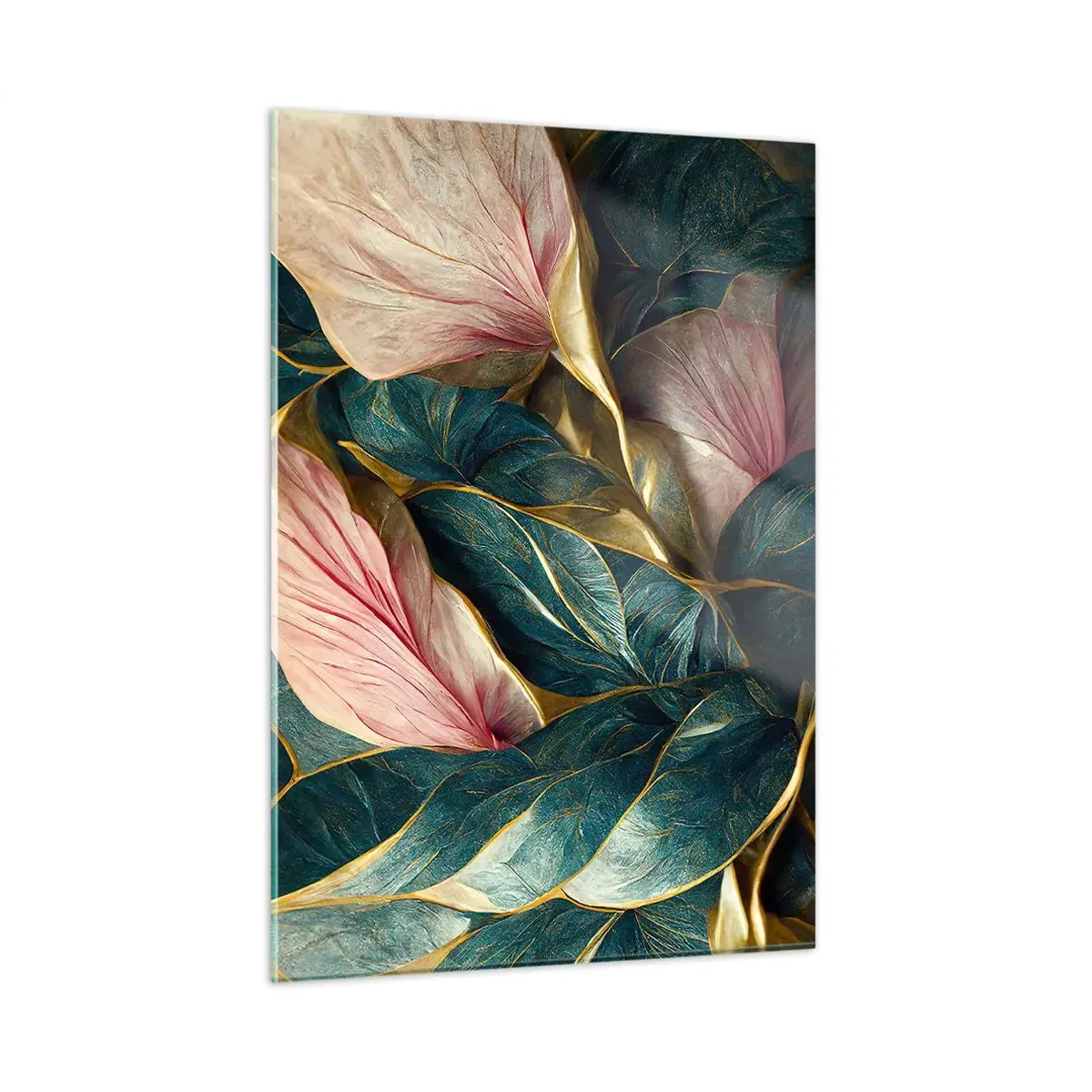 Glasbild - Bild auf glas - Grüne und rosa Blätter mit goldenen Akzenten - 50x70cm - Natürliche Eleganz und Stil - Moderne Wanddekoration für Wohnzimmer und Schlafzimmer ARTTOR