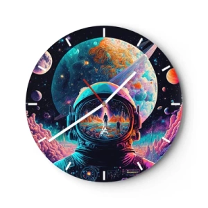 Wanduhr - Glasuhr - Astronaut im farbenfrohen Weltraum mit Planetenreflexion - 30x30cm - Philosophen haben nicht davon geträumt - Moderne Wanddekoration für Wohnzimmer, Küche und Schlafzimmer ARTTOR