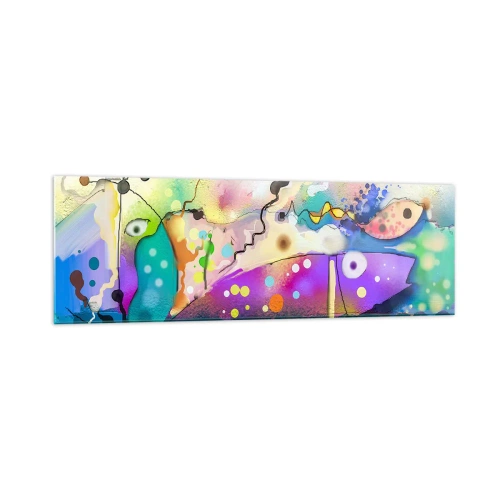 Glasbild - Bild auf glas - Abstrakter Fisch in einer farbenfrohen, surrealen Komposition - 160x50cm - Es fehlen die Worte! - Moderne Wanddekoration für Wohnzimmer und Schlafzimmer ARTTOR