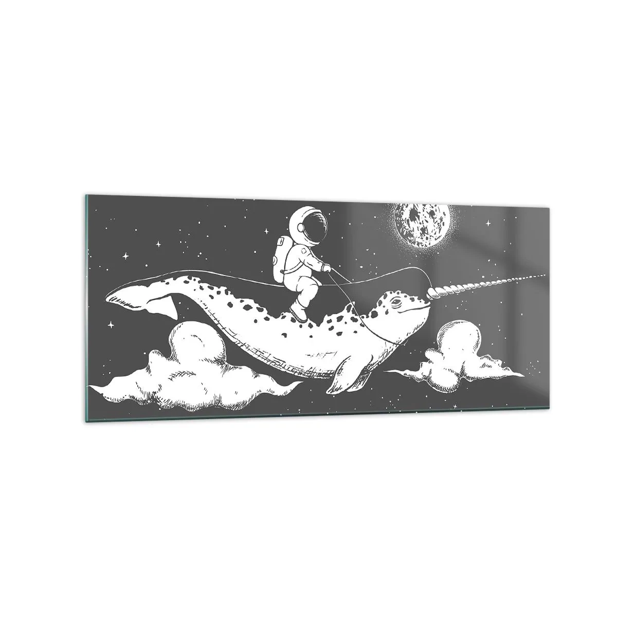 Glasbild - Bild auf glas - Ein Astronaut auf dem Rücken eines Narwals, der in einer Weltraumszene schwimmt. - 120x50cm - Weltraumreiter - Moderne Wanddekoration für Wohnzimmer und Schlafzimmer ARTTOR