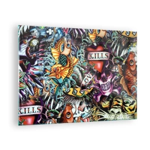 Glasbild - Bild auf glas - Eine farbenfrohe Komposition aus Mustern, inspiriert von der Tattoo-Kunst - 70x50cm - Der Traum des Tätowierers - Moderne Wanddekoration für Wohnzimmer und Schlafzimmer ARTTOR