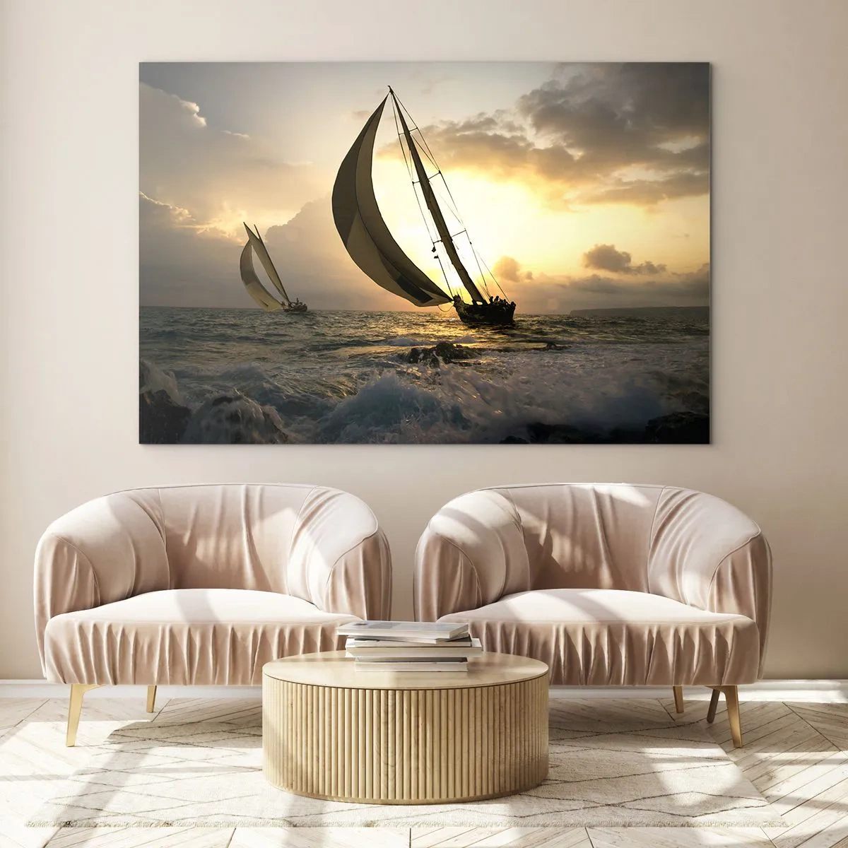 Glasbild - Bild auf glas - Segelboote in stürmischer See bei Sonnenuntergang - 120x80cm - Mit dem Wind und gegen den Wind - Moderne Wanddekoration für Wohnzimmer und Schlafzimmer ARTTOR